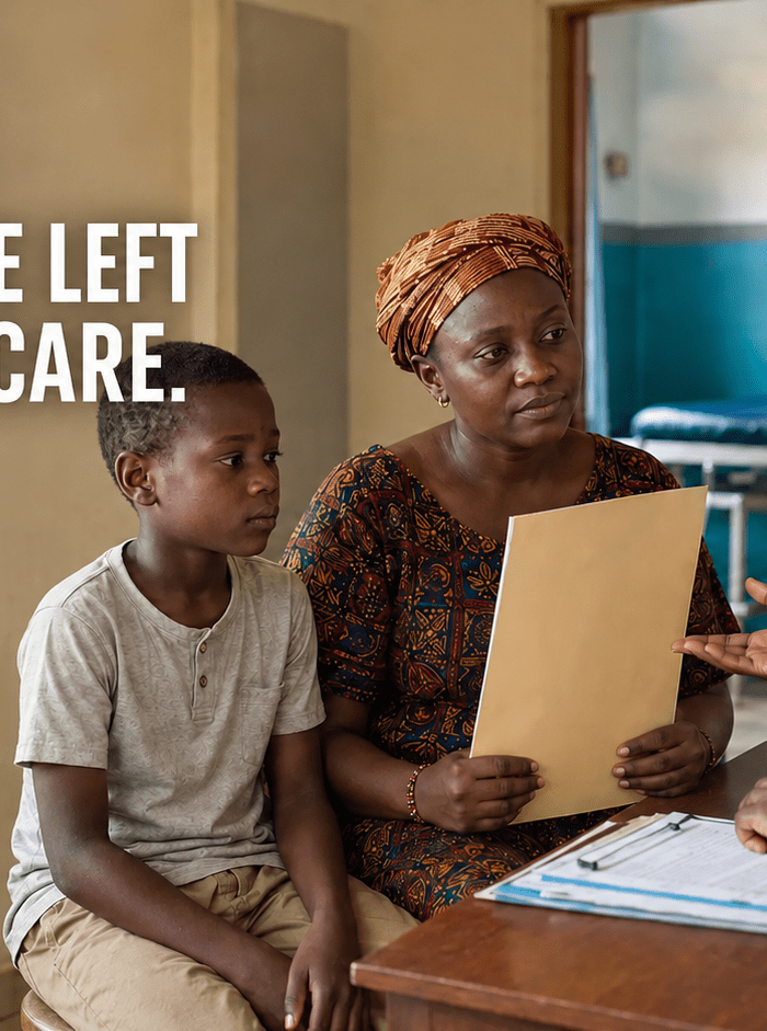 A child and caregiver discussing access to medical care with a healthcare worker in West Africa.