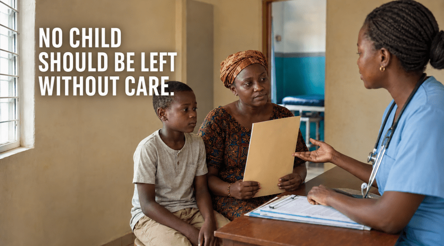 A child and caregiver discussing access to medical care with a healthcare worker in West Africa.