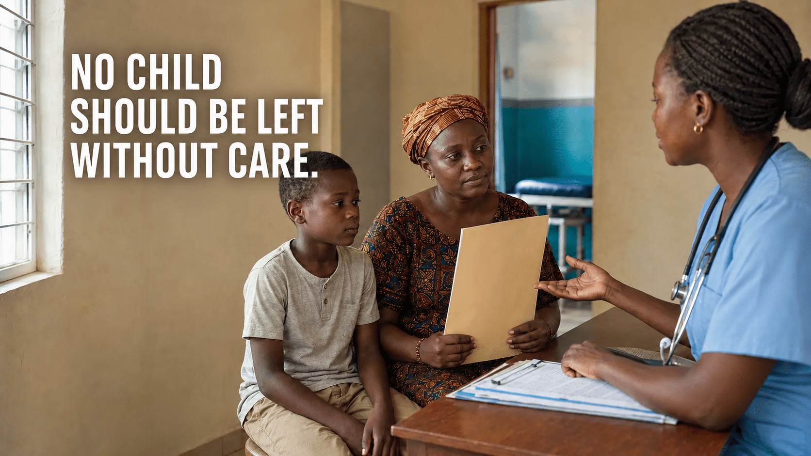 A child and caregiver discussing access to medical care with a healthcare worker in West Africa.